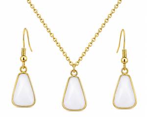 Conjunto de Collar Personalizado con Baño de Rodio, Colgante Trapezoidal de Calcedonia Blanca, Cadena de Cable, Pendientes a Juego, Joyería Nupcial de Lujo para Mujer - Product Image 3