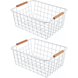 Vintage Black Metal Wire Food Storage <b>Basket</b> With Natural Wooden Handle Iron Mesh Organizer For Kitchen Pantry Fruit Vegetable - Product Image 3