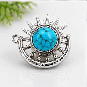 Turquoise Sterling Silver Pendant, Blue Gemstone <b>Necklace</b>, Celestial Sun Pendant, Boho Jewelry, Handmade Silver Pendant - Product Image 1