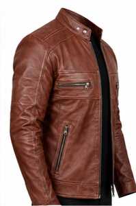 Chaqueta de Cuero Marrón para Hombre con Cuello Alto y Cierre de Cremallera - Product Image 3
