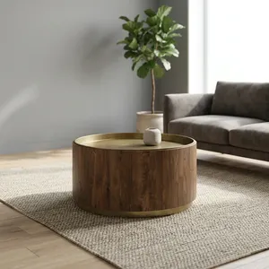 Round Fluted Wood Coffee <b>Table</b> with Brass <b>Tray</b> Top Metal Base Midcentury Modern Living Room Furniture - Product Image 5