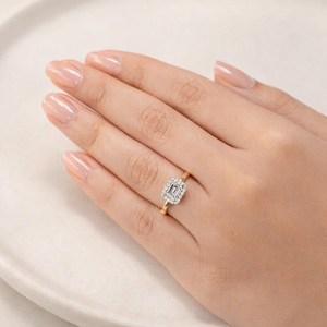 Bijoux de mode en or massif 10K 14K 18K, bague de mariage en platine avec émeraude et halo de diamants de laboratoire cultivés, style East West - Product Image 5