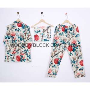 ชุดนอนผ้าฝ้ายเนื้อนุ่มพิเศษลายดอกไม้สำหรับผู้หญิง ประกอบด้วยเสื้อเชิ้ตและกางเกงขายาว ดีไซน์หรูหรา ทำมือใหม่ เหมาะสำหรับฤดูร้อน - Product Image 5