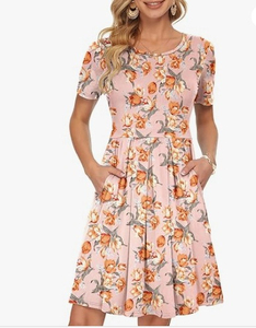Robe midi décontractée vintage pour femme, printemps-été, à manches courtes, imprimé numérique, taille naturelle, silhouette trapèze, poches décontractées - Product Image 5