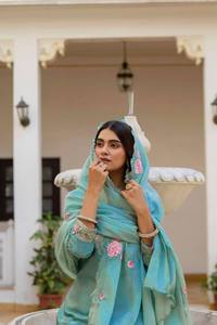 Ensemble Salwar Kameez de luxe indien pakistanais en soie bleu ciel réversible pour femme, brodé, avec dupatta Punjabi Patiala, robe de soirée - Product Image 5