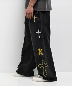Men's <b>Black</b> <b>Harem</b> <b>Pants</b> Terry/Cotton Embroidered Crosses Elastic Waist Breathable Side Stripes Drawstring Closure Street Style - Product Image 2