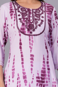 Women Purple Tie <b>Dye</b> Printed Kurti with , 3/4 Sleeves Embroidery Casual Ethnic Wear Straight Kurta for Daily Wear . - Product Image 3