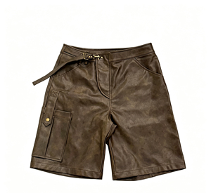 Shorts cargo pour homme en simili cuir marron, taille haute, avec ceinture et cordon de serrage, style workwear, longueur bermuda - Product Image 2