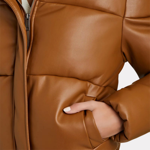Custom Faux <b>Leather</b> Coat Warm <b>Brown</b> Oversized Stand Collar <b>Leather</b> Puffer <b>Jacket</b> - Product Image 6