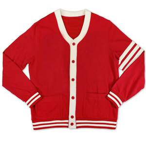 Suéter cárdigan de punto unisex personalizado, manga larga, para invierno, en rojo y blanco, prendas de punto fabricadas, atuendo informal de invierno - Product Image 1