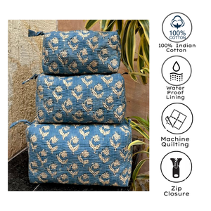 Juego de Organizadores de Cosméticos de Algodón Acolchado con Estampado a Mano de Jaipur, Diseño Azul, Forro de PVC Sostenible y Duradero, Cierre con Cremallera - Product Image 3