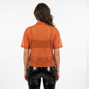 Haut à col roulé en maille orange pour femme, manches courtes, léger, transparent, t-shirt en maille légère pour femme - Product Image 2