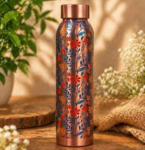 Bouteille d'eau en cuivre à motif floral, portable, pour voyage, avec design de fleurs bleues et rouges, bouteille d'eau en cuivre nautique, bouteille en cuivre pur - Product Image 1