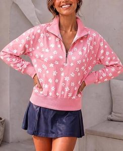 เสื้อสเวตเชิ้ตผู้หญิงลำลองทรงโอเวอร์ไซส์ คอตั้ง แขนยาว ซิปครึ่งตัว ผ้าฟลีซ มีกระเป๋า แต่งสีตัดกัน ป้องกันขนร่วง เหมาะสำหรับฤดูใบไม้ร่วง - Product Image 2