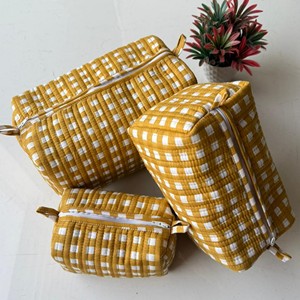 Yellow Gingham Cotton Cosmetic <b>Toiletry</b> Bag Set With Soft Handles Multi-Function <b>Storage</b> Organizer Large Capacity Simple Style - Product Image 6