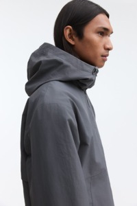 Men's Gray Hooded Puffer <b>Jacket</b> With Zipper Closure Casual Style Polyester Material Winter Wear - Product Image 5