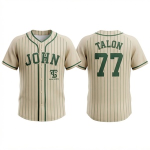 Maillot de baseball pour homme en polyester sergé premium 200 GSM, vert crème à fines rayures, boutonné, avec logo, nom et numéro, appliqué en twill. - Product Image 1