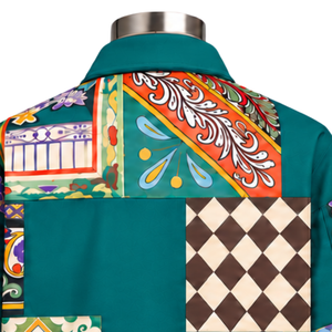 Chaqueta de Trabajo con Mosaico Teal, Multicolor, Artística, con Parches Florales, Cierre de Botones, Estilo Casual, con Bolsillos Funcionales - Product Image 4