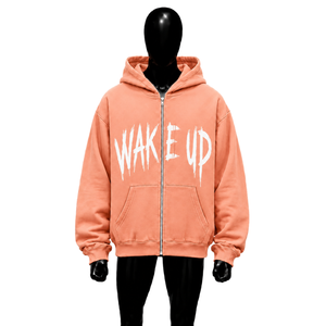 Sudadera con capucha extragrande rosa melocotón con cremallera completa y estampado gráfico Wake Up, estilo urbano informal para hombre - Product Image 1