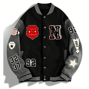 Custom Men Varsity Jacket Grey Black Patchwork Multi Badge Embroidery Letterman Jacket Streetwear Fashion Fleece Bomber Jacket - Product Image 1
