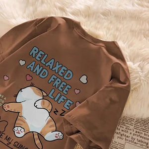 Camiseta de Verano con Estampado de Gato Perezoso de Dibujos Animados, Camiseta de Manga Corta para Parejas, Top Holgado Informal para Mujer - Product Image 3