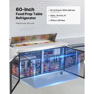 Frigorifero Commerciale da Cucina 60 Pollici 15,4 Cu. Ft. Tavolo Refrigerato per Preparazione Sandwich Mega Top con Frigorifero per 16 Vaschette - Product Image 2