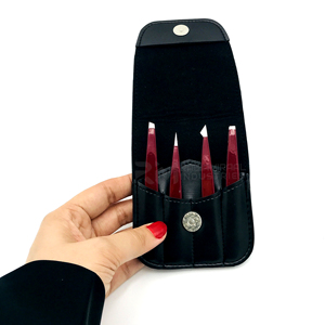 Juego de 4 pinzas para cejas RMI Wholesale, de acero inoxidable con punta plateada y recubrimiento en polvo color marrón oscuro, con punta inclinada. - Product Image 5