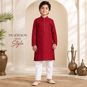 Conjunto Formal de Kurta y Pijama para Niños, con Lentejuelas y Bordados de Rayón |   Camisa Tradicional Étnica de Manga Larga con Cuello Mandarín para Fiestas en India - Product Image 3