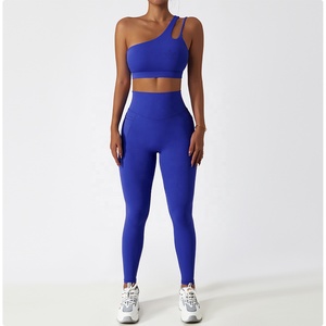 Women's <b>Blue</b> 2 Piece Seamless Yoga Set One Shoulder Sports <b>Bra</b> High Waist Full Length Leggings Stretch Activewear - Product Image 1