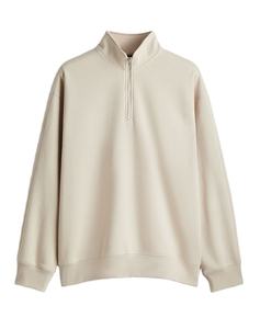 Sweat-shirt zippé coupe ample coton et polyester fade beige clair à manches longues col montant T-shirts à épaules tombantes pour homme - Product Image 1