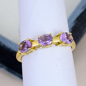 Three Stone <b>Amethyst</b> Engagement <b>Ring</b> <b>Gold</b> Plated Sold 925 Sterling Silver Prong Set Oval Cut Gemstone Classic <b>Ring</b> For Women - Product Image 3