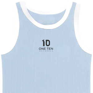 Camiseta sin mangas acanalada azul claro para mujer con ribete en contraste blanco, de algodón premium, sin mangas, informal, para verano, OEM ODM al por mayor - Product Image 3