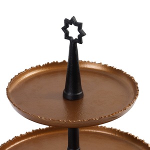 Exquisite Two Tier Golden <b>Cake</b> <b>Stand</b> With Textured Trays And A Sleek Black Central <b>Stand</b> Finished With A Star Top For Serving - Product Image 3