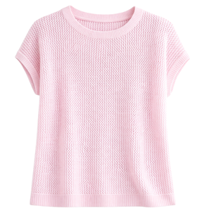 Haut en maille ajourée à manches courtes pour femme, col rond, décontracté, coupe ample, respirant, texturé, pull tendance pour l'été - Product Image 1