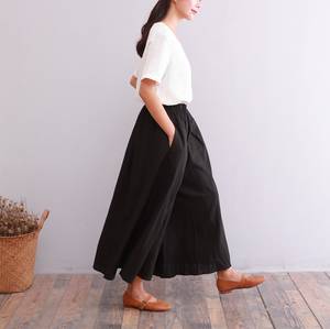 Women's Black Cotton Culottes Loose Fit Knee Length Elastic Waist Solid Color Casual <b>Summer</b> <b>Pants</b> With Pockets Flat Front Style - Product Image 5
