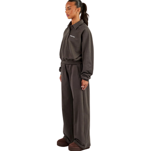 Conjunto de chándal de 2 piezas para mujer con cremallera completa, cuello vuelto, top con dobladillo fruncido, pantalones de pierna recta y cintura elástica - Product Image 6