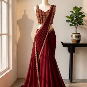 Sari tradicional de crepé de seda listo para usar con bordados y lentejuelas, con blusa cosida, precio al por mayor por Royal Export. - Product Image 3