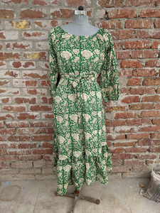 ชุดเดรสพิมพ์ลายด้วยมือ ผ้าฝ้ายอินเดีย ชุดเดรสผ้าก๊อซสไตล์โบฮีเมียน ชุดเดรสลายดอกไม้ คอทรงโอ แขนยาว ชุดเดรสยาวพิมพ์ลายดอกไม้ - Product Image 4