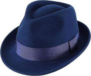 Navy <b>Blue</b> Wool Fedora <b>Hat</b> with Ribbon <b>Band</b> Unisex Formal Style for Adults 56-58CM Head Circumference - Product Image 2