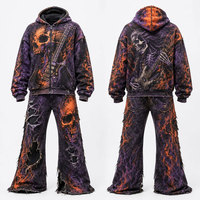 Ensemble de survêtement d'hiver respirant et délavé à imprimé flamme et crâne gothique, avec sweat-shirt à capuche zippé et pantalon de survêtement long, pour homme, style streetwear