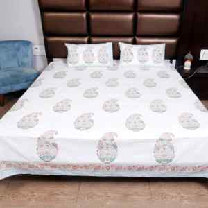 Ensemble de draps pour lit double en coton blanc pur avec 2 taies d'oreiller, motif floral rose pastel bleu, design paisley, style indien traditionnel - Product Image 6
