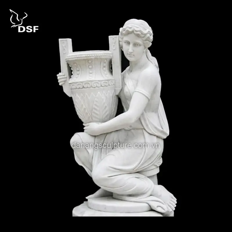 Оптовая продажа на заказ открытый сад белый мрамор Сидящая девушка с цветочный горшок каменная статуя мраморная скульптура домашний декор