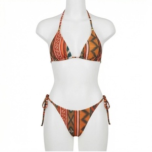 Ensemble bikini 2 pièces pour femme à imprimé géométrique, haut dos nu et bas à nouer sur les côtés, maillot de bain extensible - Product Image 1