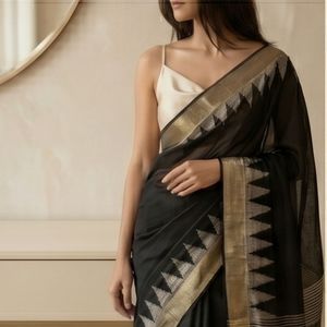 <b>Black</b> Linen <b>Shawl</b> Saree with Geometric Patterns - Product Image 1