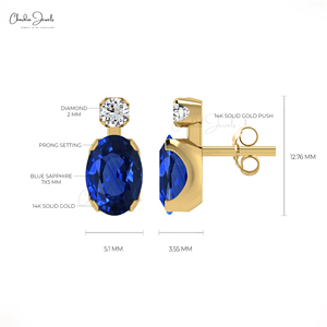Pendientes de tuerca de zafiro azul ovalado natural con detalles de diamantes en oro amarillo macizo de 14k, piedra de nacimiento de septiembre, con cierre a presión - Product Image 4
