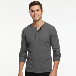 T-shirt Henley à manches longues pour homme, coupe classique, gris uni, tricoté, 100% coton, décontracté, respirant, col rond, séchage rapide - Product Image 1