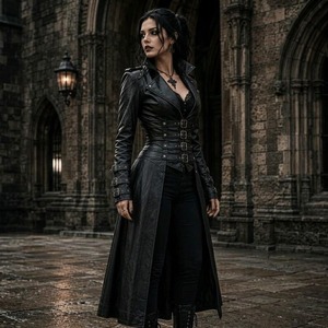 Trench-coat gothique en cuir pour femme, style steampunk, long manteau noir avec corset - Product Image 1