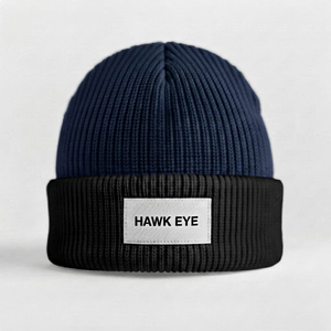 Bonnet tricoté bicolore personnalisé avec revers et étiquette logo tissée, bonnet d'hiver côtelé color block, vente en gros unisexe - Product Image 6