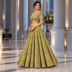Conjunto de Lehenga Floral Adornado con Blusa Corta de Manga Corta y Cuello en V |   Conjunto de Falda Larga Amarillo Verde con Vuelo Completo para Fiesta - Product Image 4