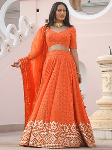 Tenue de fête de luxe : Lehenga orange avec bordure dorée épaisse – Broderie géométrique au fil, semi-couturé, tenues ethniques pour femmes - Product Image 2
